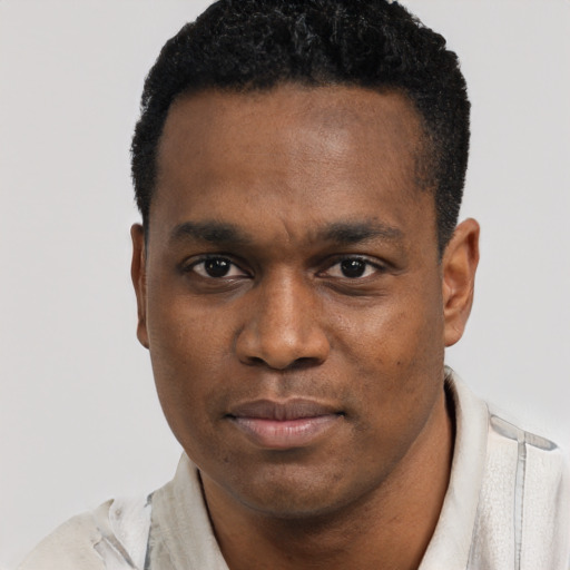 Neutral black young-adult male with short  black hair and brown eyes