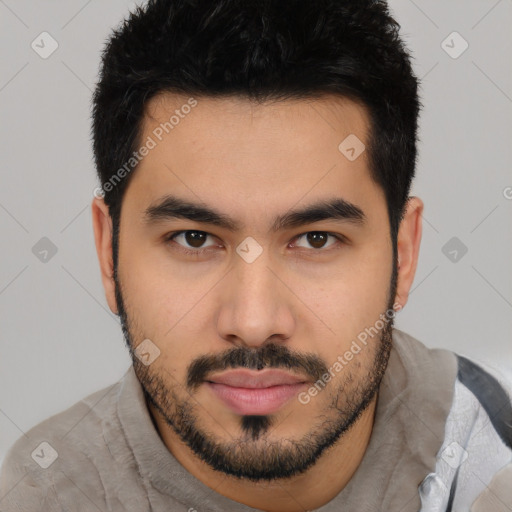 Neutral latino young-adult male with short  black hair and brown eyes