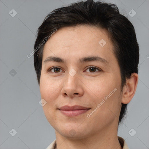 Joyful white adult female with short  brown hair and brown eyes