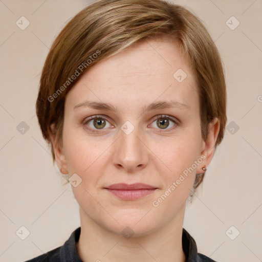 Joyful white young-adult female with medium  brown hair and grey eyes