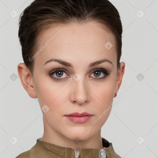 Neutral white young-adult female with short  brown hair and grey eyes