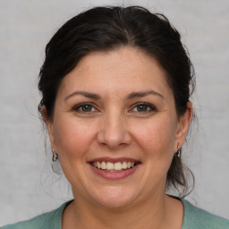 Joyful white adult female with medium  brown hair and brown eyes