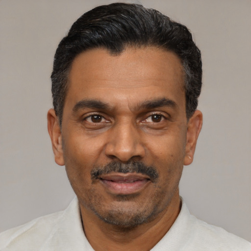 Joyful latino adult male with short  black hair and brown eyes