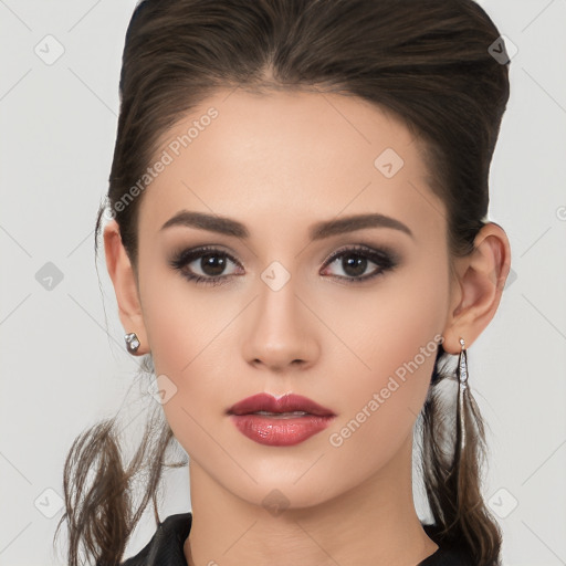 Neutral white young-adult female with long  brown hair and brown eyes