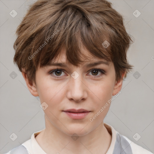 Neutral white young-adult female with short  brown hair and brown eyes