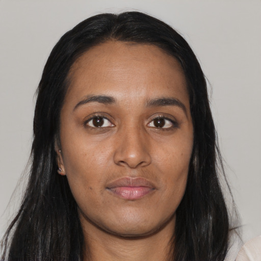 Neutral asian young-adult female with long  black hair and brown eyes