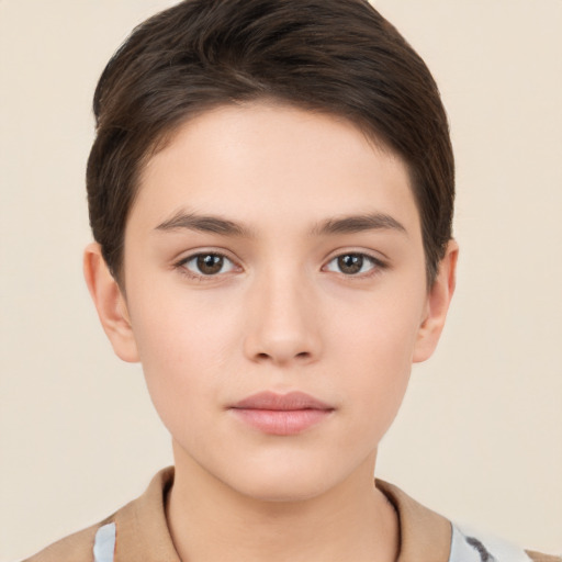 Neutral white young-adult female with short  brown hair and brown eyes