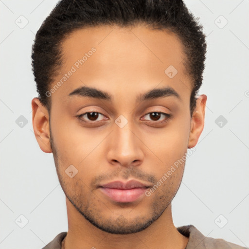 Neutral latino young-adult male with short  brown hair and brown eyes