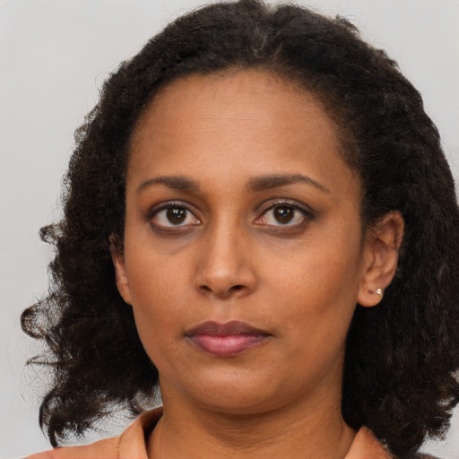 Neutral black young-adult female with medium  brown hair and brown eyes