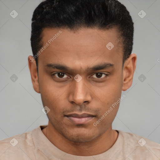 Neutral latino young-adult male with short  black hair and brown eyes