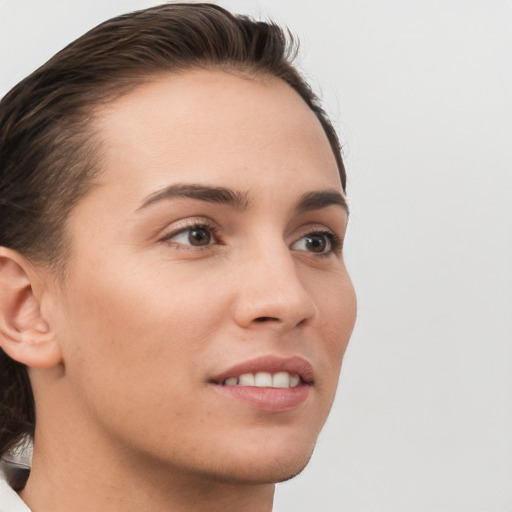 Neutral white young-adult female with medium  brown hair and brown eyes