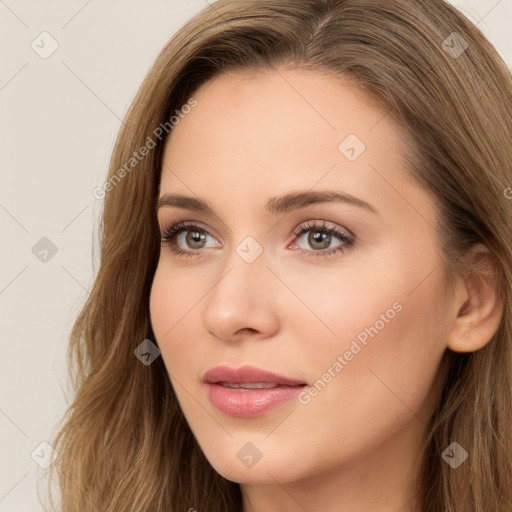 Neutral white young-adult female with long  brown hair and brown eyes