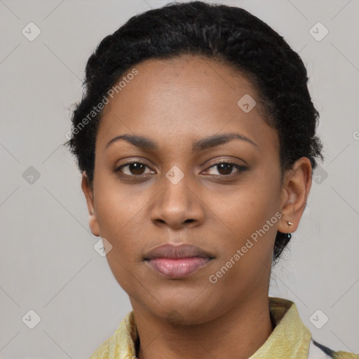 Neutral black young-adult female with short  black hair and brown eyes