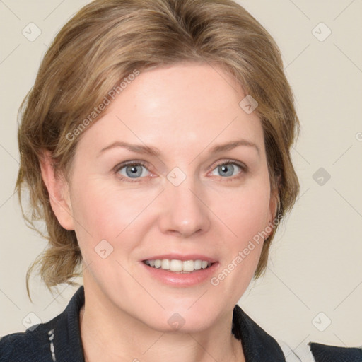 Joyful white young-adult female with medium  brown hair and blue eyes