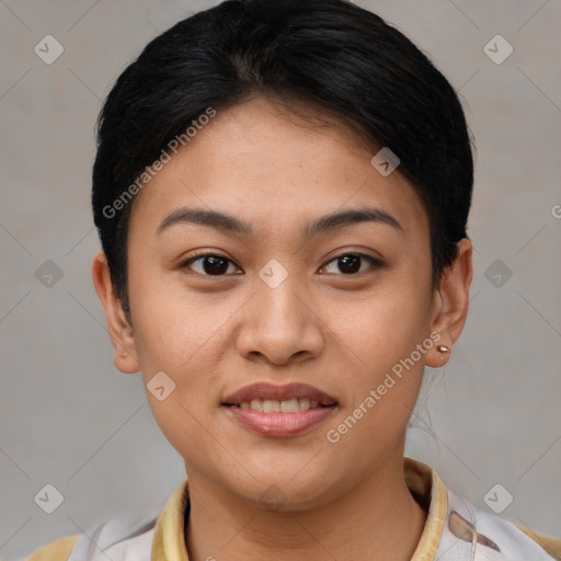 Joyful asian young-adult female with short  brown hair and brown eyes