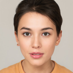 Neutral white young-adult female with short  brown hair and brown eyes