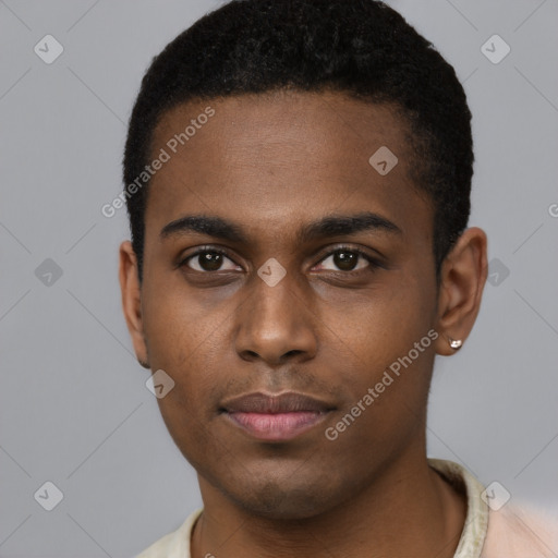 Neutral black young-adult male with short  black hair and brown eyes