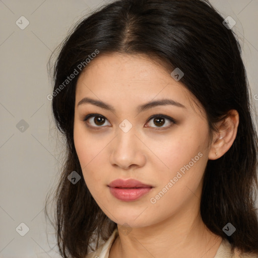 Neutral asian young-adult female with medium  brown hair and brown eyes