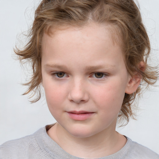 Joyful white child female with medium  brown hair and blue eyes