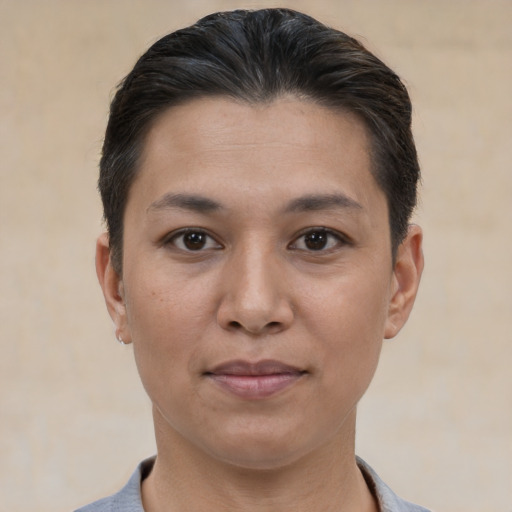Joyful white young-adult female with short  brown hair and brown eyes