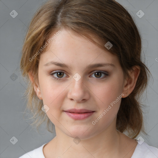 Joyful white child female with medium  brown hair and brown eyes