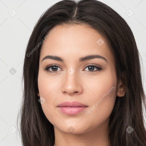 Neutral white young-adult female with long  brown hair and brown eyes