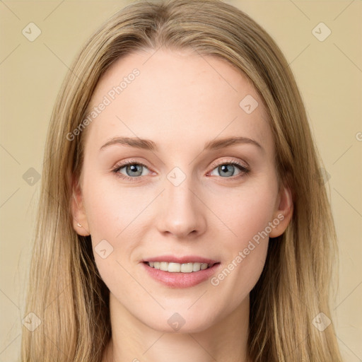 Joyful white young-adult female with long  brown hair and grey eyes