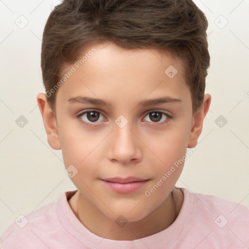 Joyful white child female with short  brown hair and brown eyes