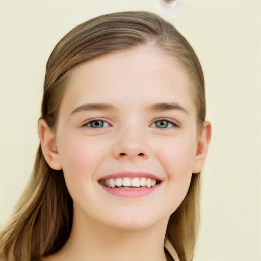 Joyful white child female with long  brown hair and grey eyes