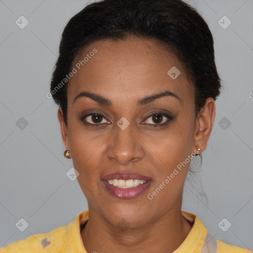 Joyful black young-adult female with short  brown hair and brown eyes
