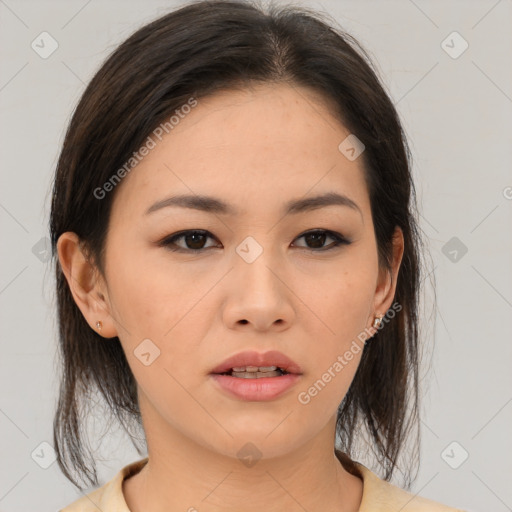 Neutral asian young-adult female with medium  brown hair and brown eyes