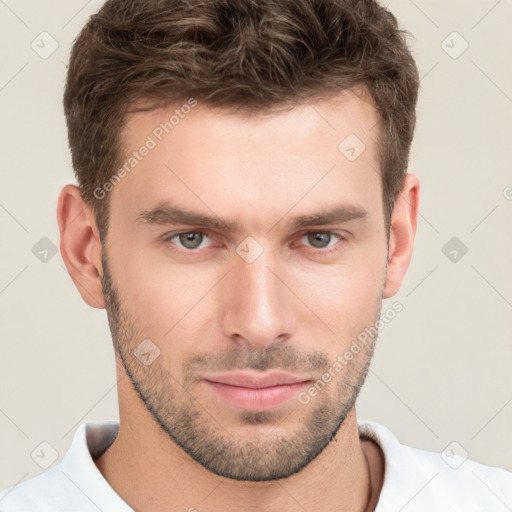 Neutral white young-adult male with short  brown hair and brown eyes