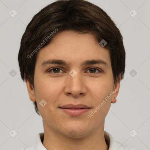 Joyful white young-adult female with short  brown hair and brown eyes