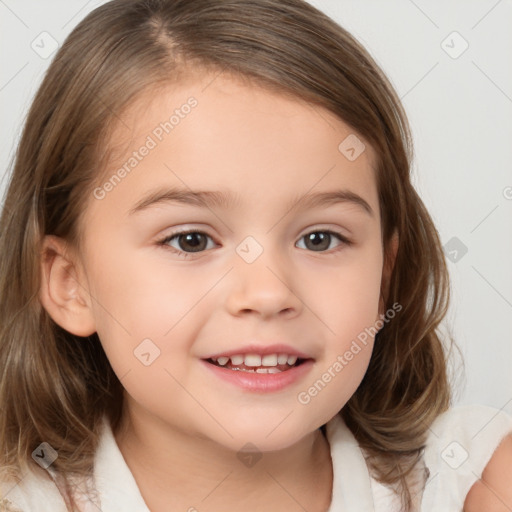 Joyful white child female with medium  brown hair and brown eyes