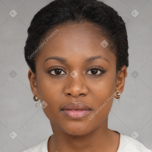 Neutral black young-adult female with short  brown hair and brown eyes