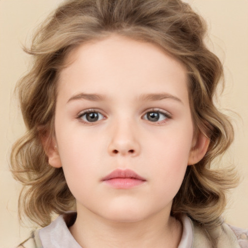 Neutral white child female with medium  brown hair and grey eyes