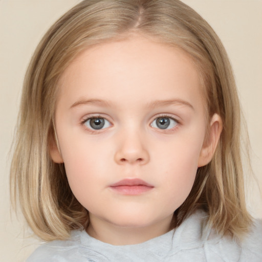 Neutral white child female with medium  brown hair and blue eyes