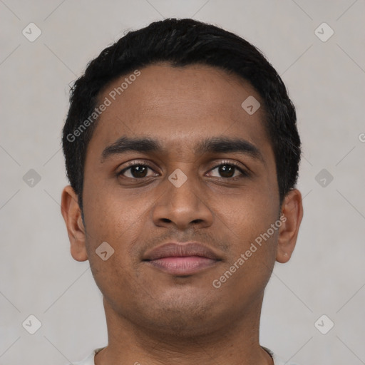 Neutral latino young-adult male with short  black hair and brown eyes