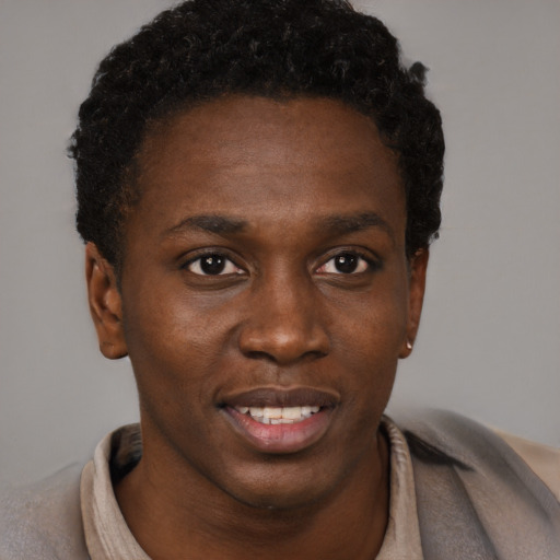Joyful black young-adult male with short  brown hair and brown eyes