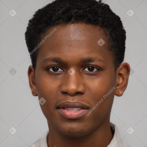 Joyful black young-adult male with short  brown hair and brown eyes