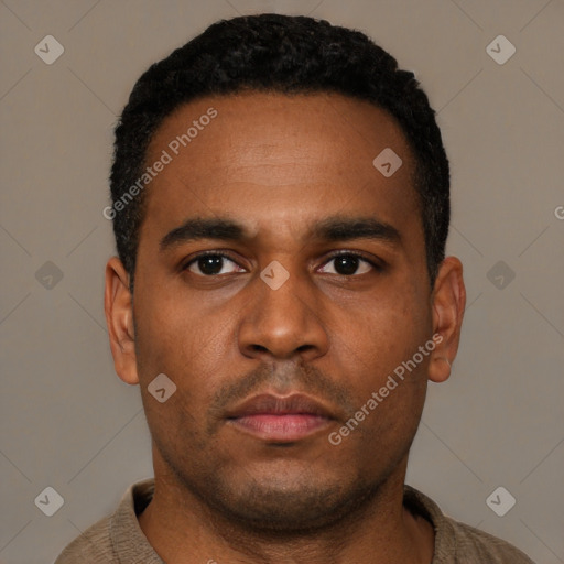 Neutral latino young-adult male with short  black hair and brown eyes