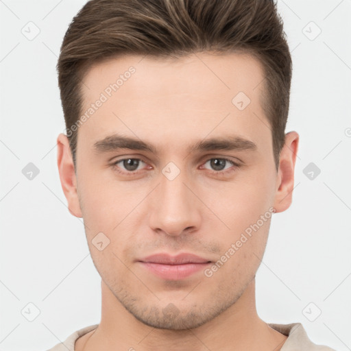 Neutral white young-adult male with short  brown hair and brown eyes