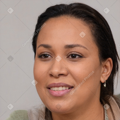 Joyful asian young-adult female with long  brown hair and brown eyes