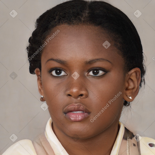 Neutral black young-adult female with short  brown hair and brown eyes