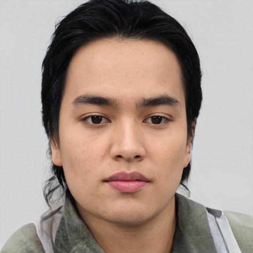 Neutral asian young-adult male with medium  black hair and brown eyes