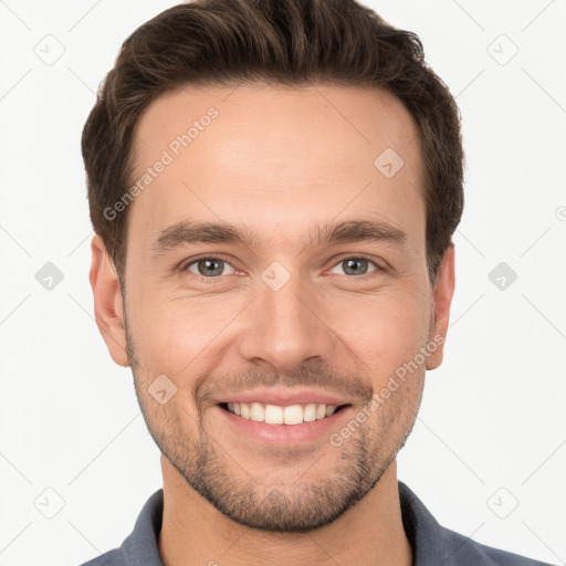 Joyful white young-adult male with short  brown hair and brown eyes