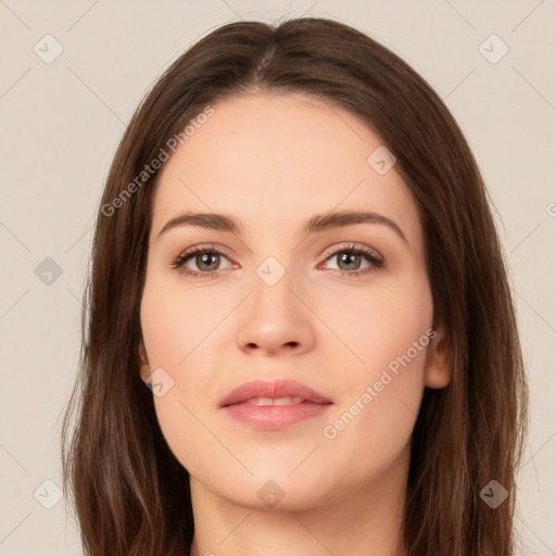 Neutral white young-adult female with long  brown hair and brown eyes