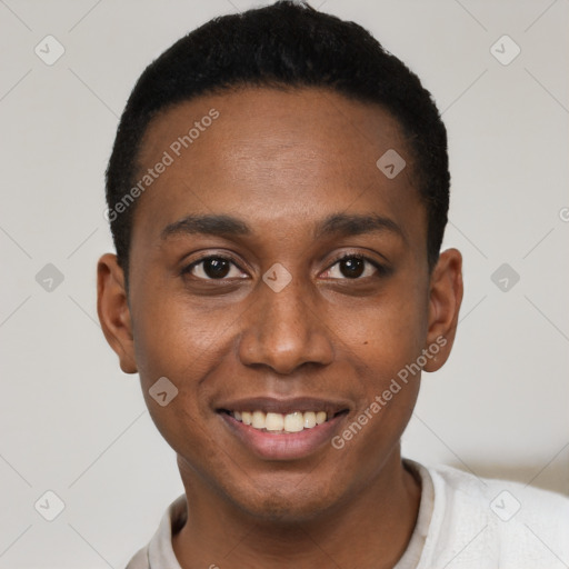 Joyful black young-adult male with short  black hair and brown eyes