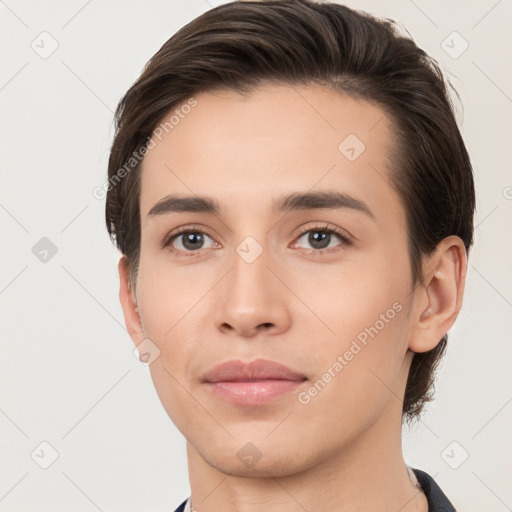 Neutral white young-adult male with short  brown hair and brown eyes