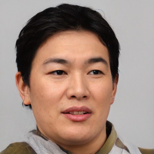 Joyful asian adult female with short  black hair and brown eyes
